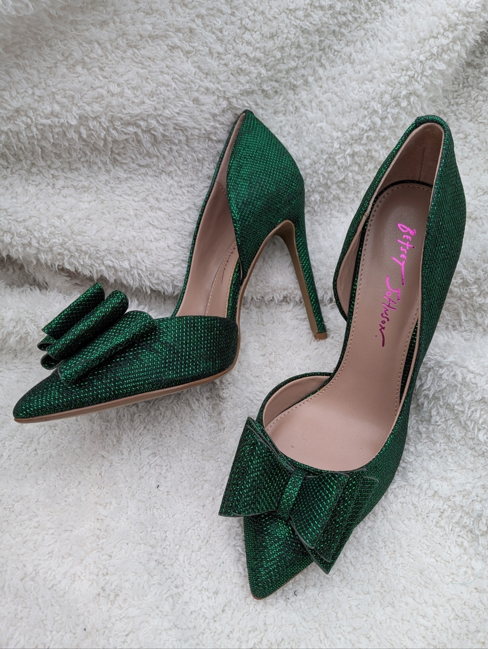 💚Betsey Johnson Glitter Green Bow Pointed-Toe Pumps